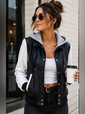 🖤 Black Rivet Hooded Faux Leather Varsity Bomber Jacket XS